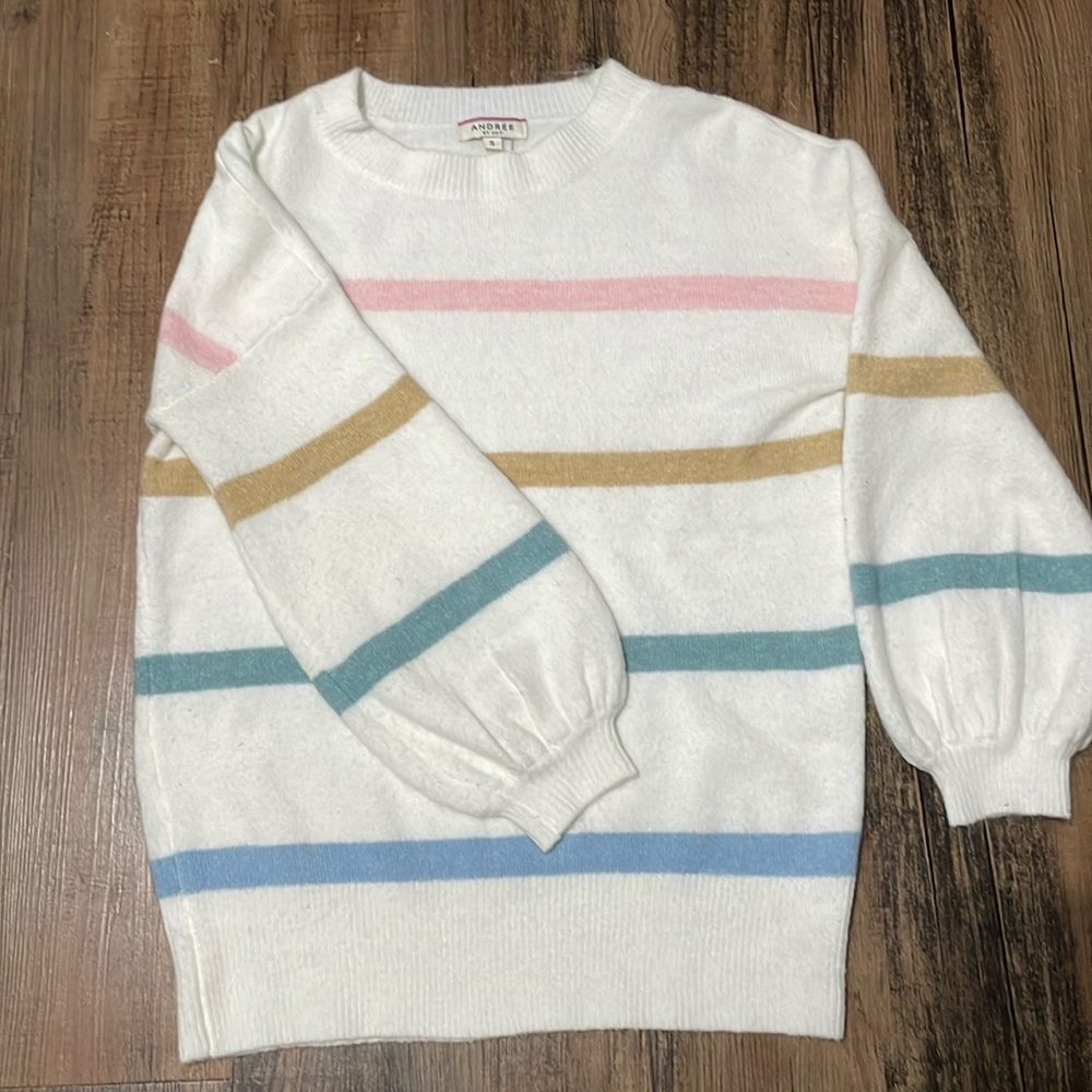 Andree by Unit White Striped Sweater with Bell Sleeves